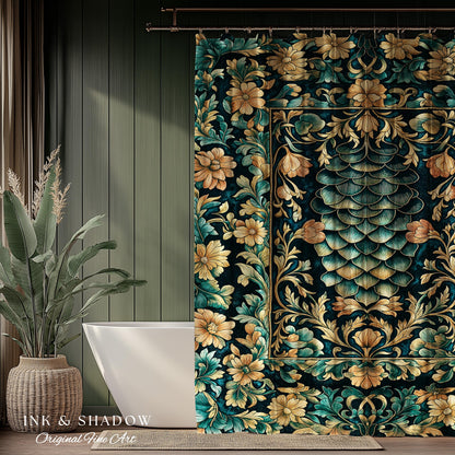 Flower Decorated Dragon Scale Shower Curtain | Nordic Style Dark Academia Fantasy Bathroom Medieval Home Accent Ornate Victorian Whimsy Goth