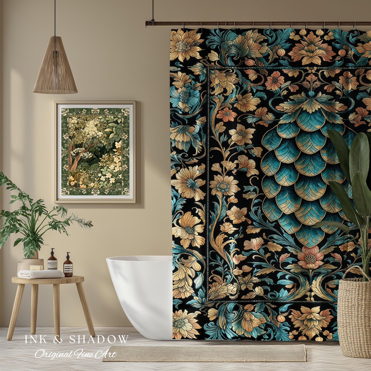 Arcane Elegance Enchanted Shower Curtain | Dark Academia Whimsical Gothic Fantasy Bathroom Ornate Medieval Botanical Dragon Scale Ethereal |