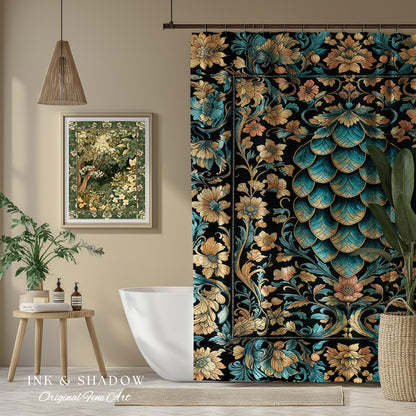 Arcane Elegance Enchanted Shower Curtain | Dark Academia Whimsical Gothic Fantasy Bathroom Ornate Medieval Botanical Dragon Scale Ethereal |