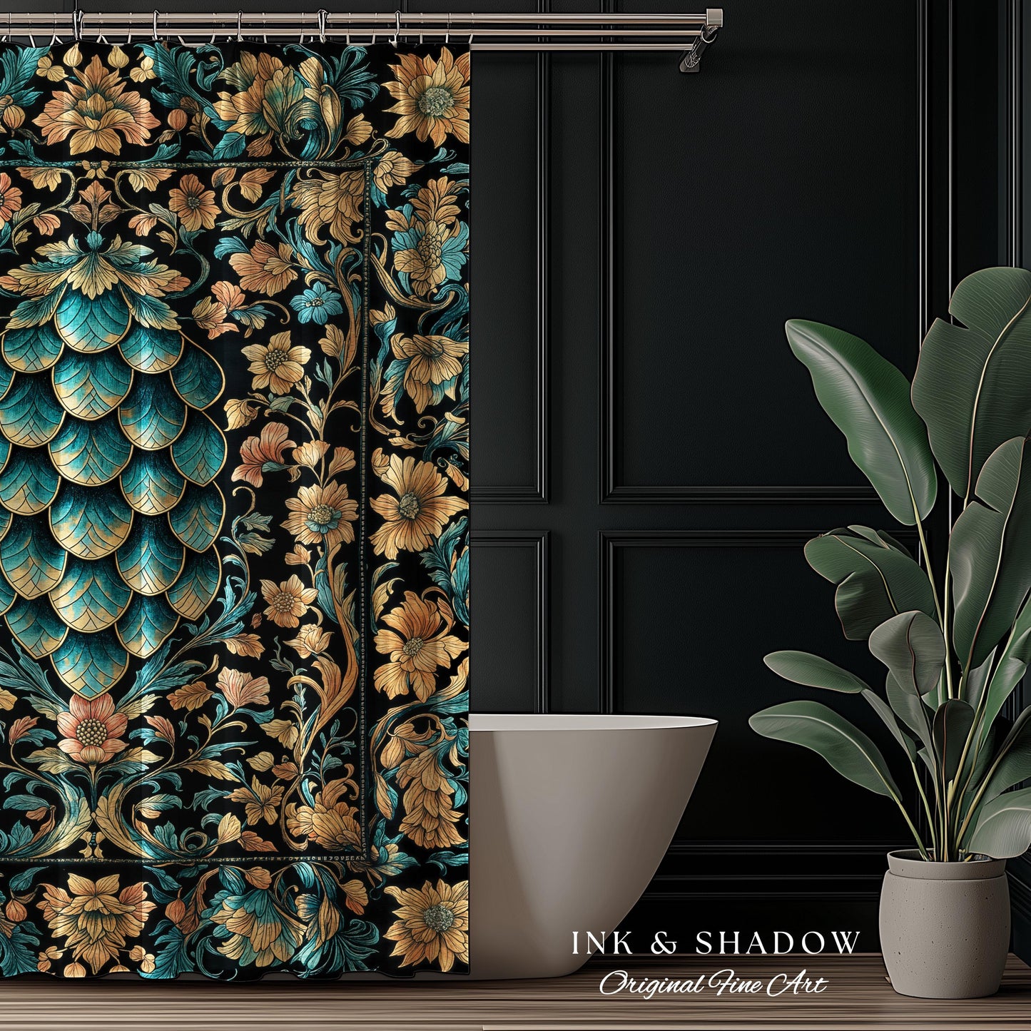 Arcane Elegance Enchanted Shower Curtain | Dark Academia Whimsical Gothic Fantasy Bathroom Ornate Medieval Botanical Dragon Scale Ethereal |