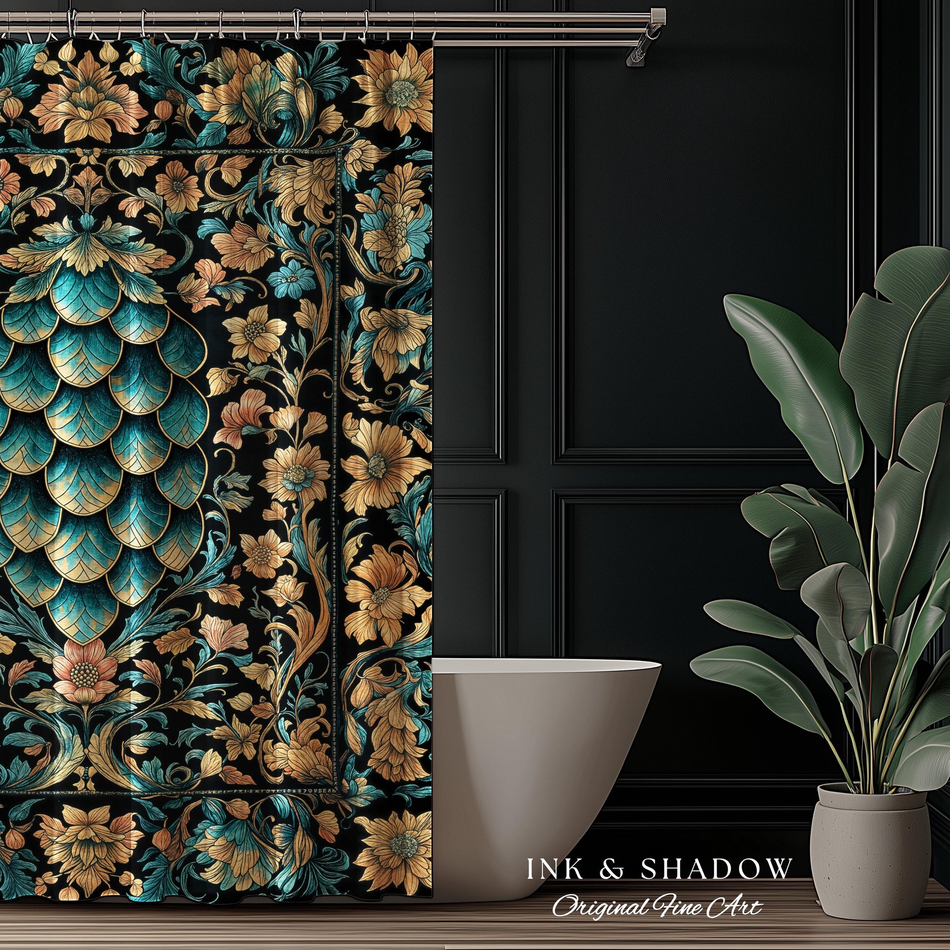 Arcane Elegance Enchanted Shower Curtain | Dark Academia Whimsical Gothic Fantasy Bathroom Ornate Medieval Botanical Dragon Scale Ethereal |