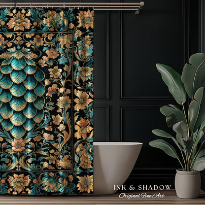 Arcane Elegance Enchanted Shower Curtain | Dark Academia Whimsical Gothic Fantasy Bathroom Ornate Medieval Botanical Dragon Scale Ethereal |