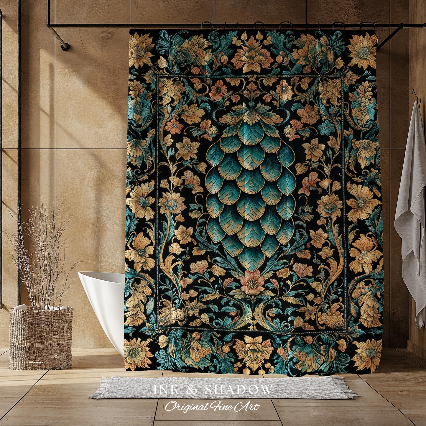 Arcane Elegance Enchanted Shower Curtain | Dark Academia Whimsical Gothic Fantasy Bathroom Ornate Medieval Botanical Dragon Scale Ethereal |