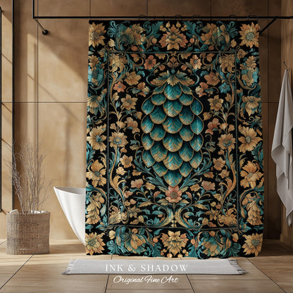 Arcane Elegance Enchanted Shower Curtain | Dark Academia Whimsical Gothic Fantasy Bathroom Ornate Medieval Botanical Dragon Scale Ethereal |