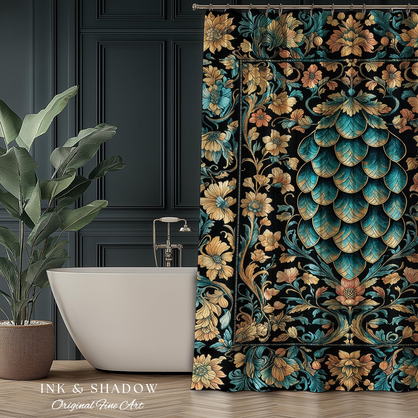 Arcane Elegance Enchanted Shower Curtain | Dark Academia Whimsical Gothic Fantasy Bathroom Ornate Medieval Botanical Dragon Scale Ethereal |