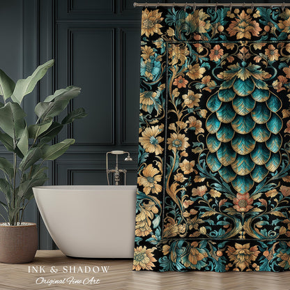 Arcane Elegance Enchanted Shower Curtain | Dark Academia Whimsical Gothic Fantasy Bathroom Ornate Medieval Botanical Dragon Scale Ethereal |