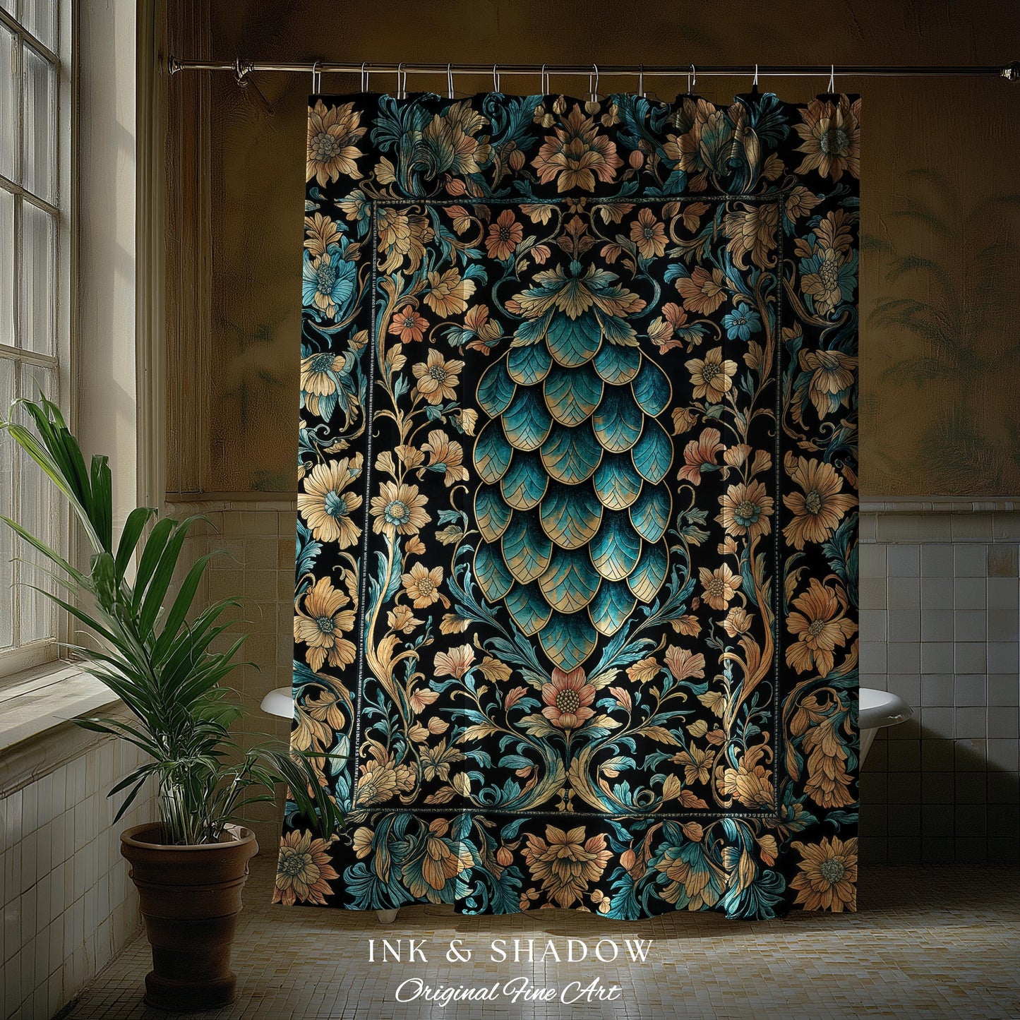 Arcane Elegance Enchanted Shower Curtain | Dark Academia Whimsical Gothic Fantasy Bathroom Ornate Medieval Botanical Dragon Scale Ethereal |