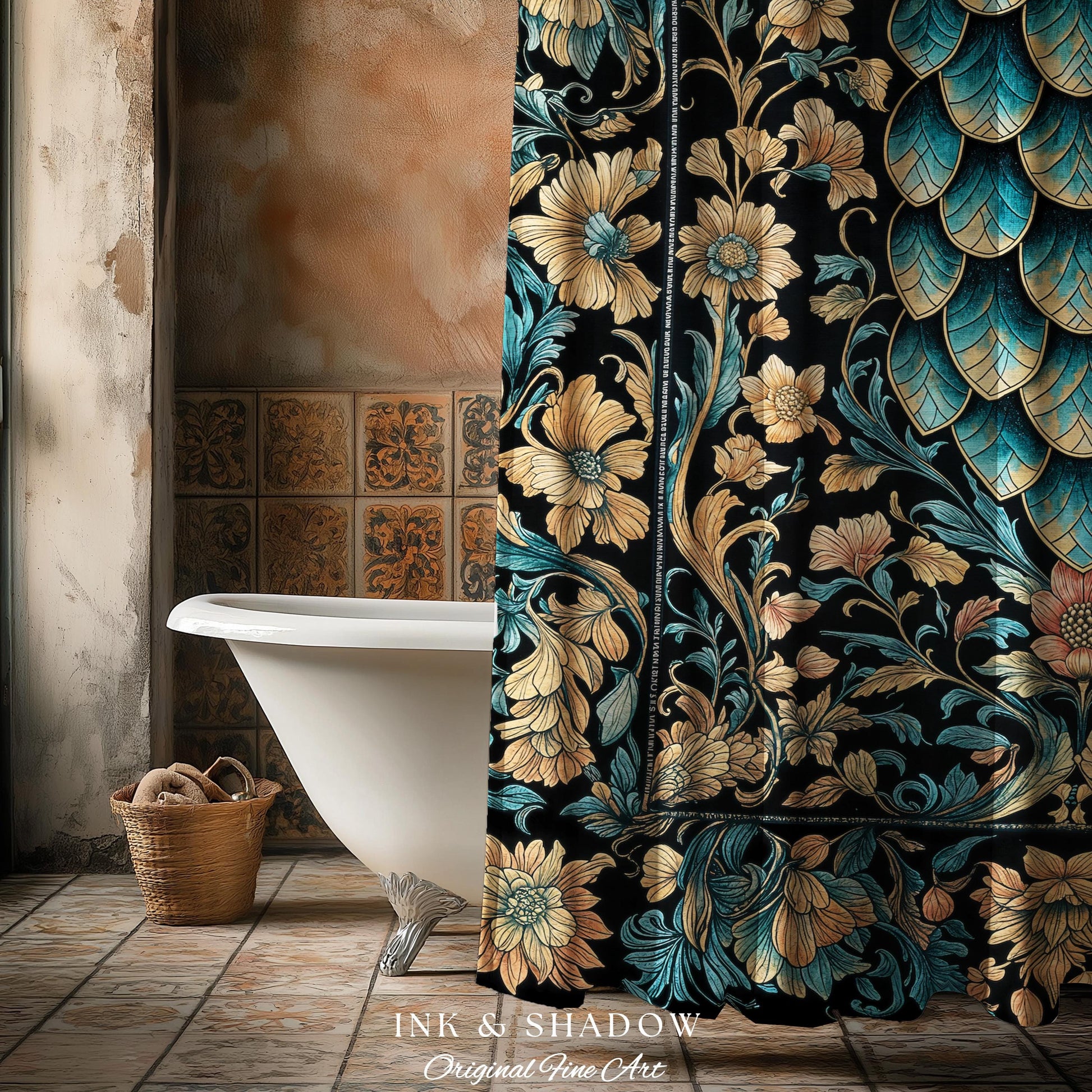 Arcane Elegance Enchanted Shower Curtain | Dark Academia Whimsical Gothic Fantasy Bathroom Ornate Medieval Botanical Dragon Scale Ethereal |