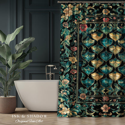 Gothic Teal Dragon Scale Shower Curtain | Ethereal Aesthetic Fairycore Elegance Mystic Storybook Dark Academia Bathroom Moody Cottagecore |