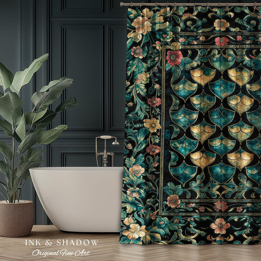 Gothic Teal Dragon Scale Shower Curtain | Ethereal Aesthetic Fairycore Elegance Mystic Storybook Dark Academia Bathroom Moody Cottagecore |