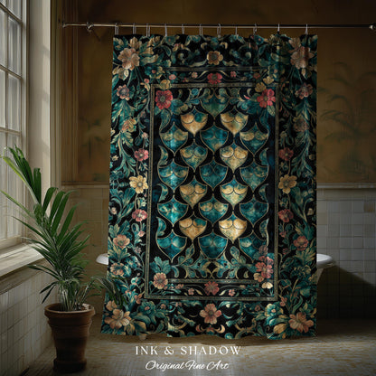 Gothic Teal Dragon Scale Shower Curtain | Ethereal Aesthetic Fairycore Elegance Mystic Storybook Dark Academia Bathroom Moody Cottagecore |