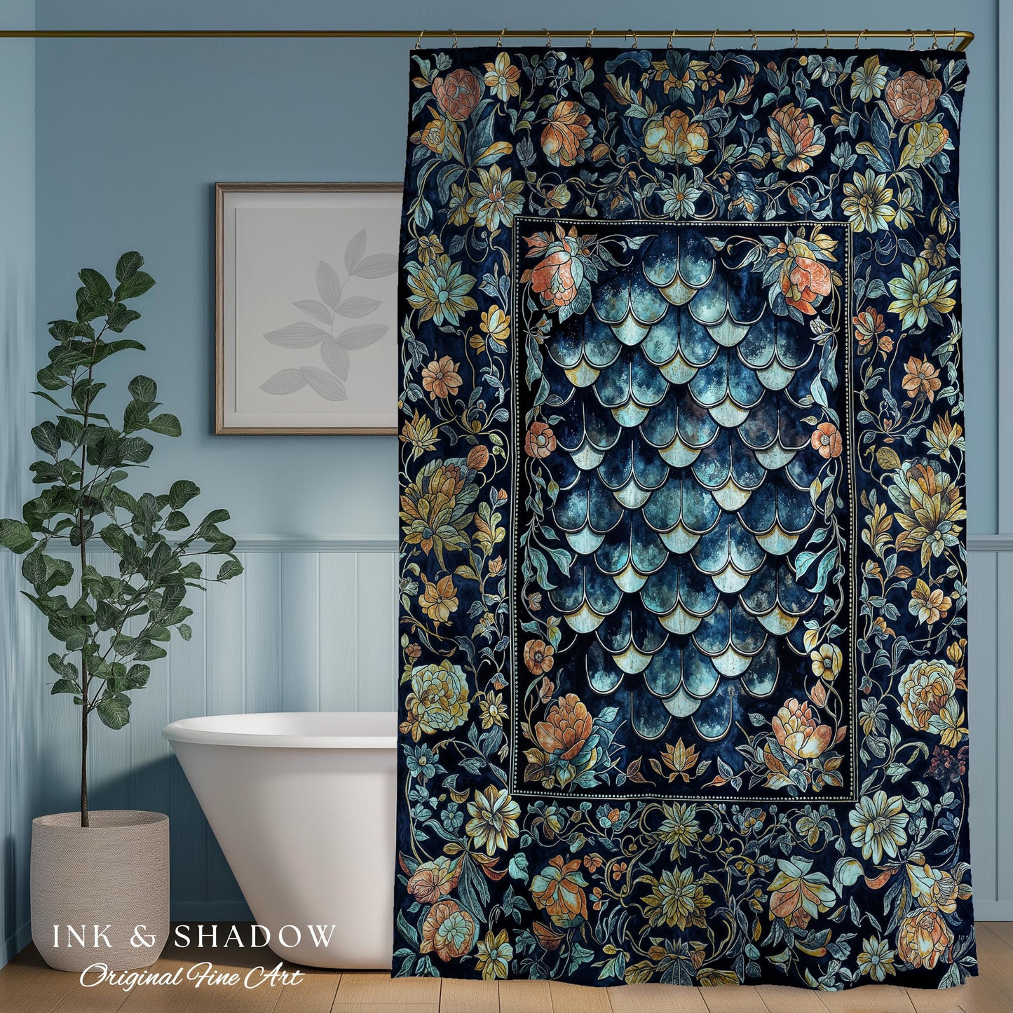 Dreamy Botanicals Dragon Scale Shower Curtain | Dark Academia Aesthetic Fairytale Bathroom Cottagecore Ocean Blue Decor Whimsical Gothic |