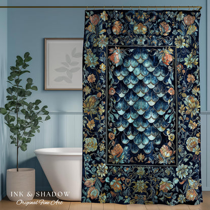 Dreamy Botanicals Dragon Scale Shower Curtain | Dark Academia Aesthetic Fairytale Bathroom Cottagecore Ocean Blue Decor Whimsical Gothic |