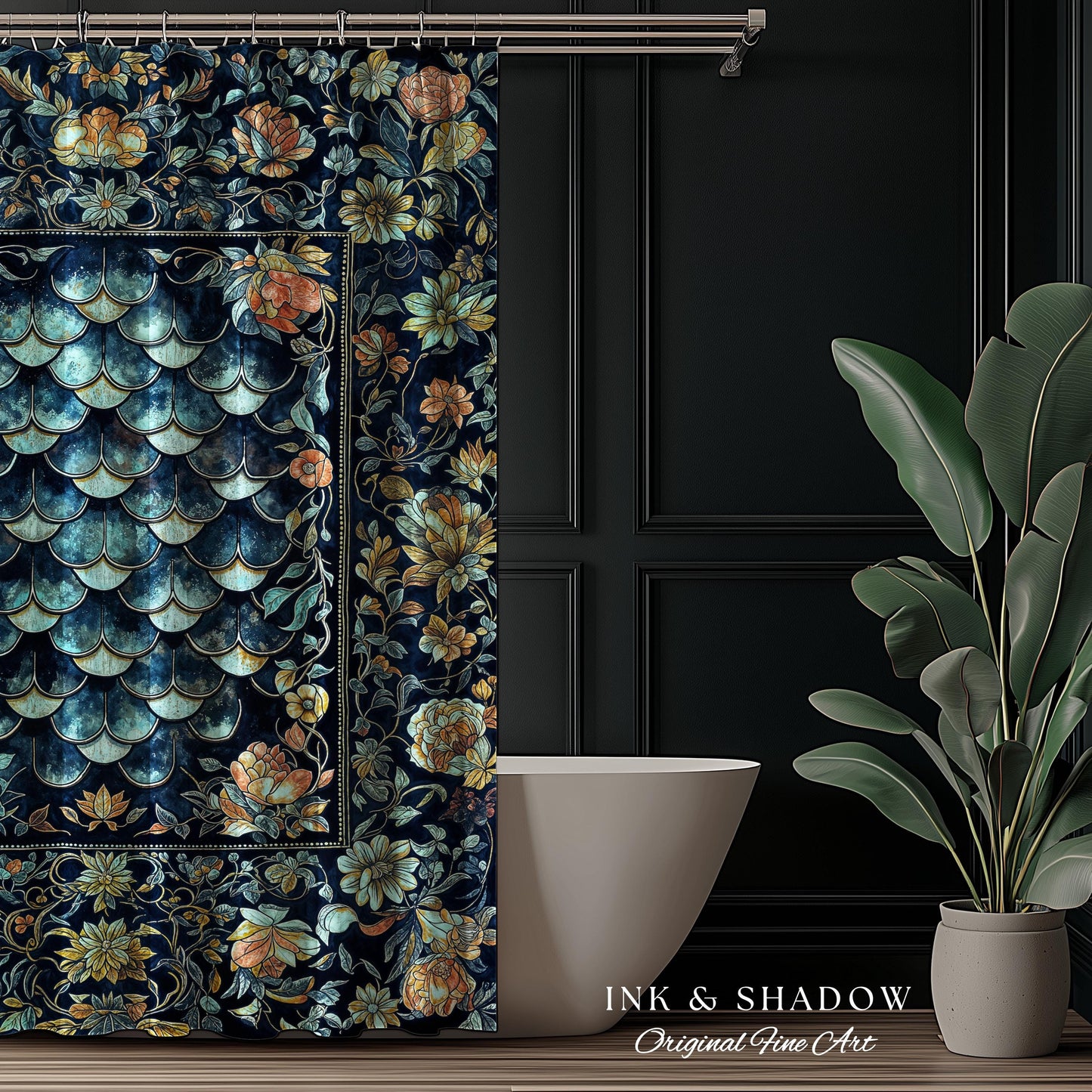 Dreamy Botanicals Dragon Scale Shower Curtain | Dark Academia Aesthetic Fairytale Bathroom Cottagecore Ocean Blue Decor Whimsical Gothic |