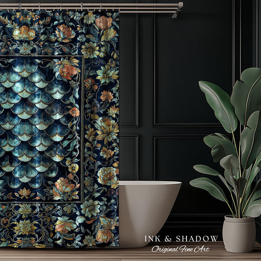 Dreamy Botanicals Dragon Scale Shower Curtain | Dark Academia Aesthetic Fairytale Bathroom Cottagecore Ocean Blue Decor Whimsical Gothic |