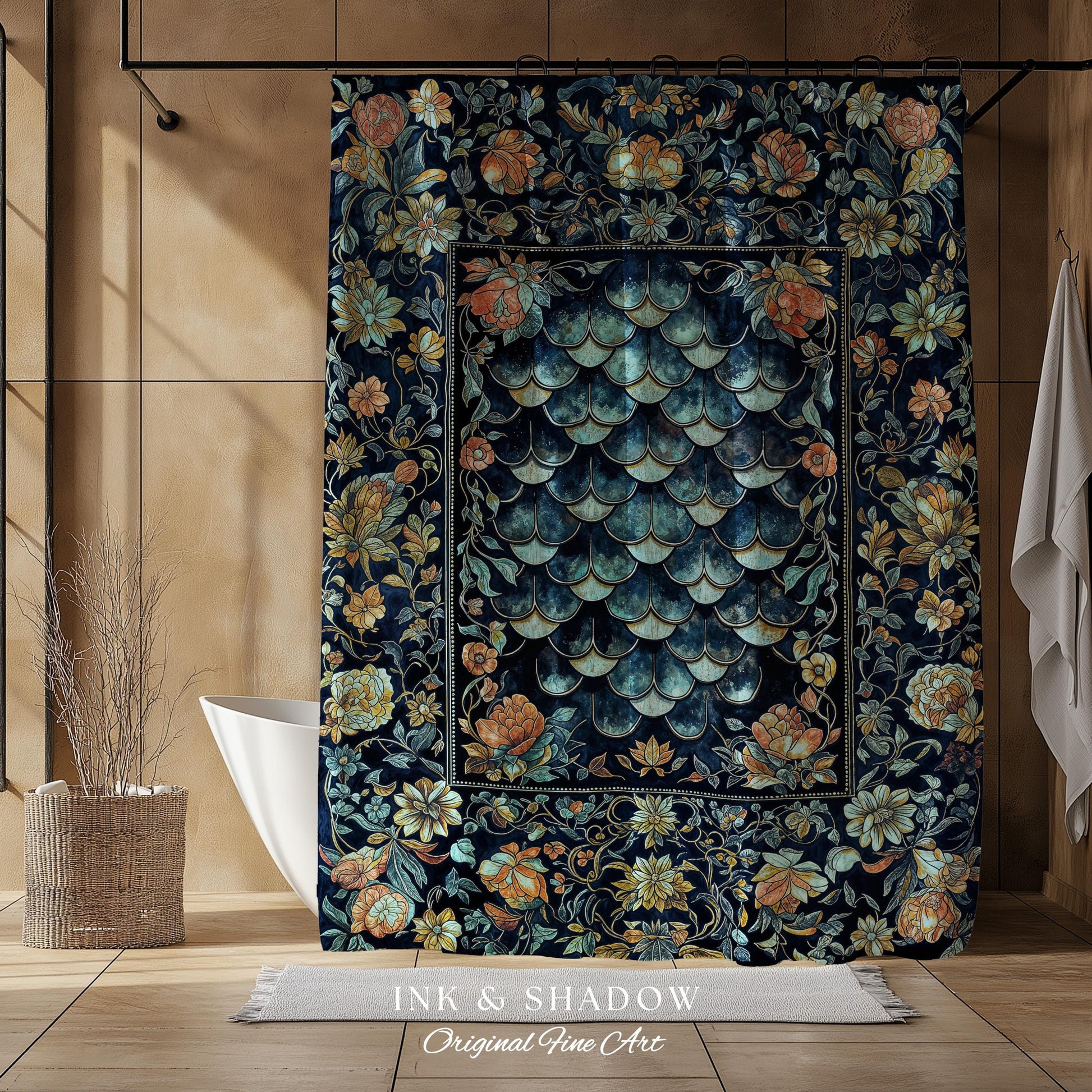 Dreamy Botanicals Dragon Scale Shower Curtain | Dark Academia Aesthetic Fairytale Bathroom Cottagecore Ocean Blue Decor Whimsical Gothic |