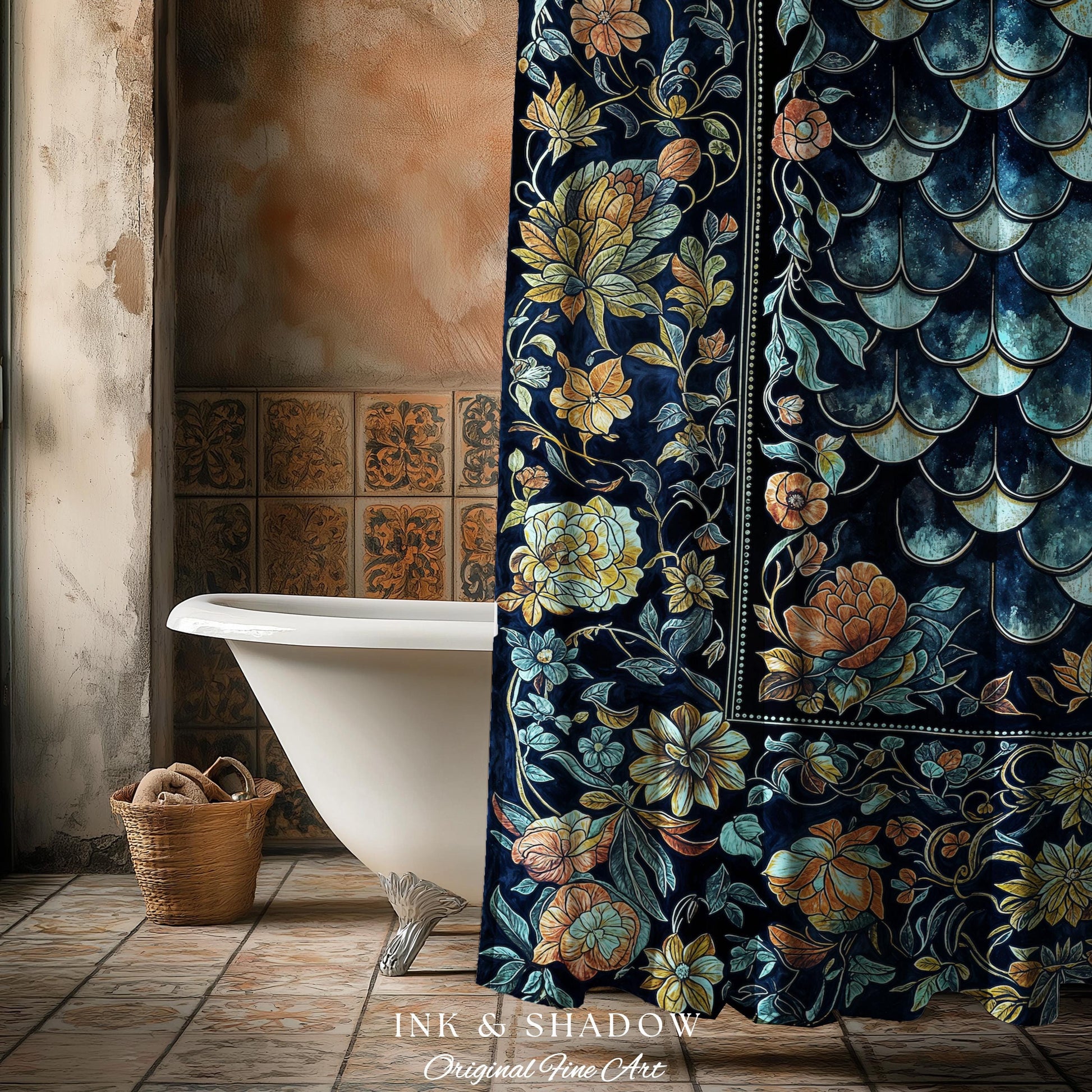 Dreamy Botanicals Dragon Scale Shower Curtain | Dark Academia Aesthetic Fairytale Bathroom Cottagecore Ocean Blue Decor Whimsical Gothic |