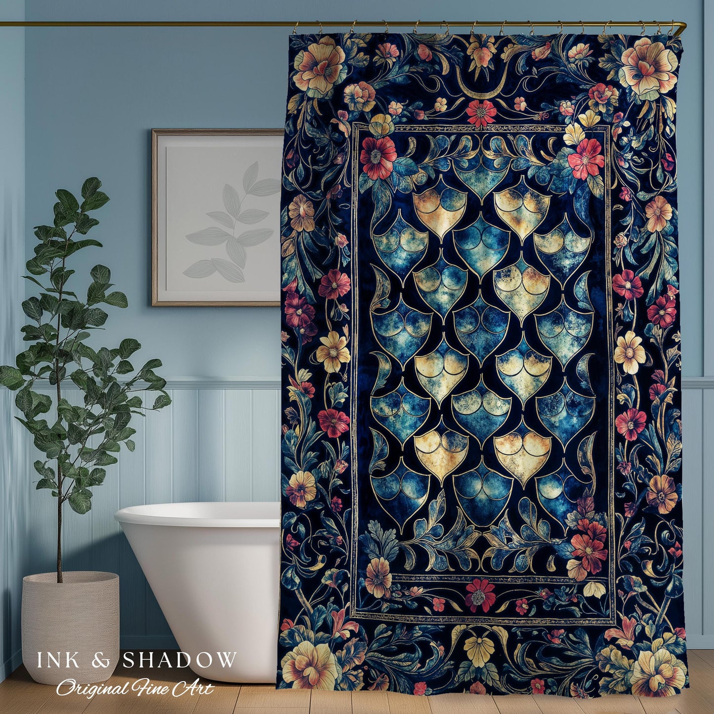Medieval Dragon Scale Victorian Shower Curtain | Dark Navy Blue Gothic Dark Academia Aesthetic Fairytale Home Decor Enchanted Bathroom Panel