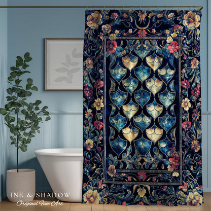 Medieval Dragon Scale Victorian Shower Curtain | Dark Navy Blue Gothic Dark Academia Aesthetic Fairytale Home Decor Enchanted Bathroom Panel