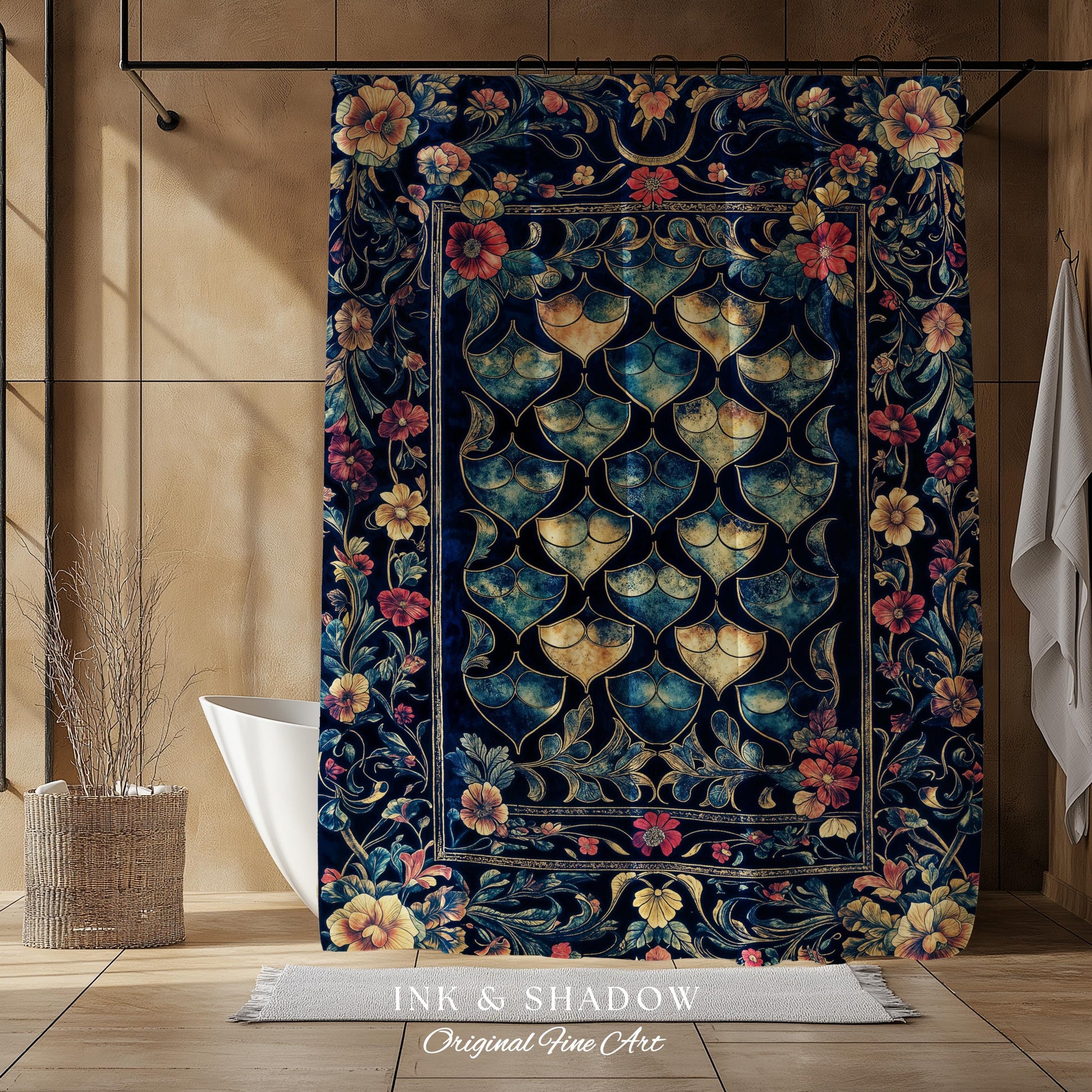 Medieval Dragon Scale Victorian Shower Curtain | Dark Navy Blue Gothic Dark Academia Aesthetic Fairytale Home Decor Enchanted Bathroom Panel
