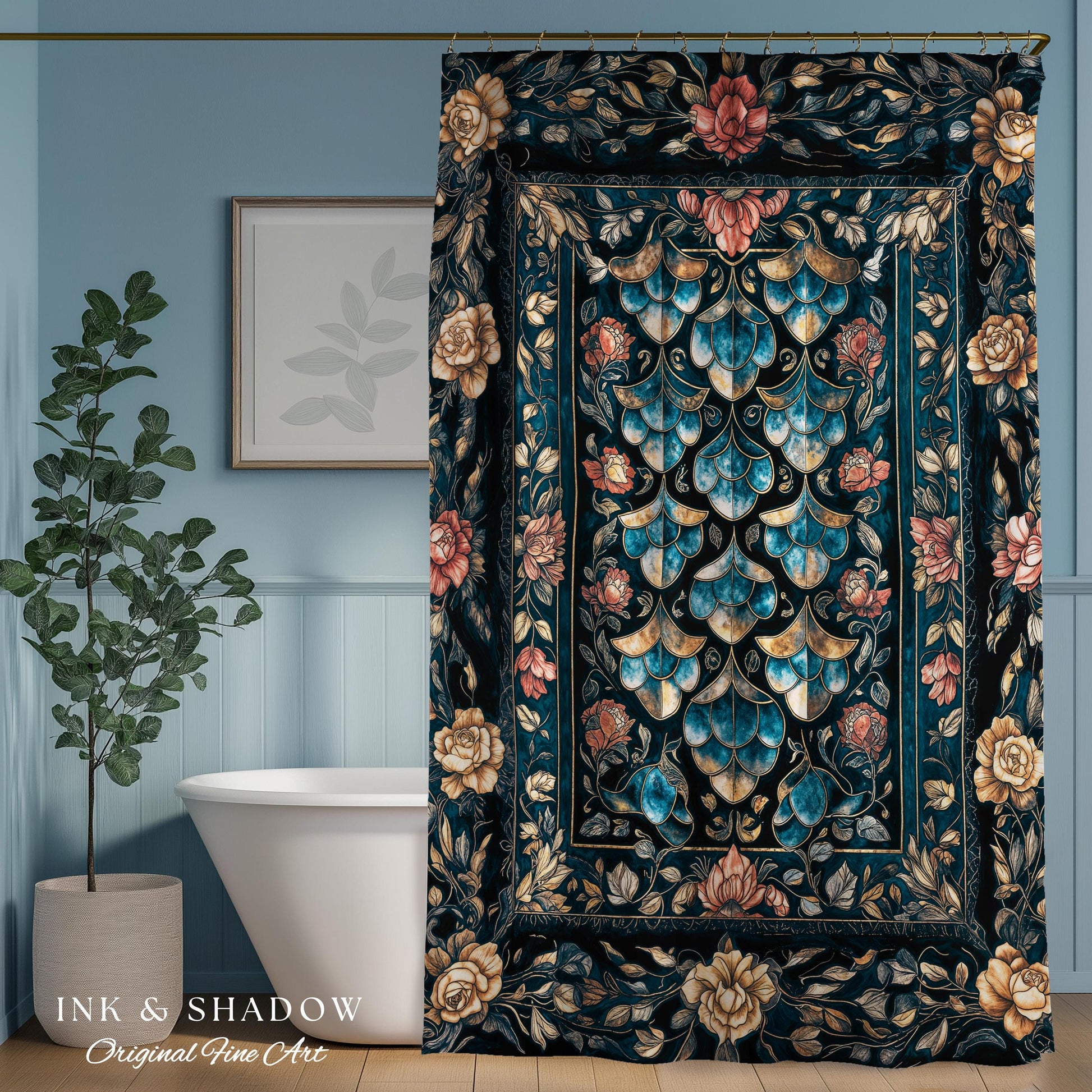 Mystical Dark Dragon Scale Shower Curtain | Goth Baroque Elegance Navy Blue Dark Academia Aesthetic Fairytale Ornate Bathroom Accent Floral