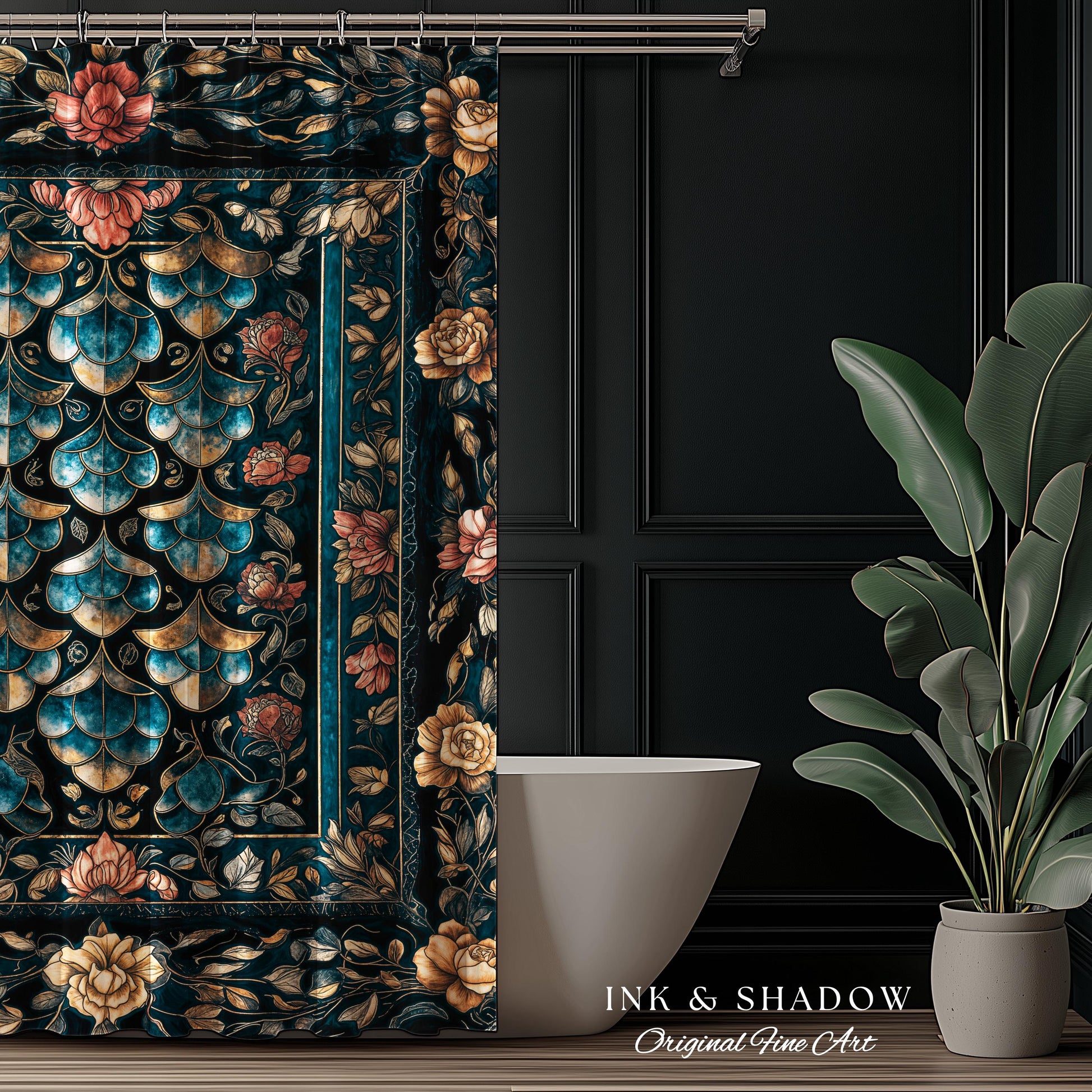 Mystical Dark Dragon Scale Shower Curtain | Goth Baroque Elegance Navy Blue Dark Academia Aesthetic Fairytale Ornate Bathroom Accent Floral