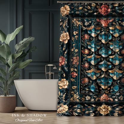 Mystical Dark Dragon Scale Shower Curtain | Goth Baroque Elegance Navy Blue Dark Academia Aesthetic Fairytale Ornate Bathroom Accent Floral