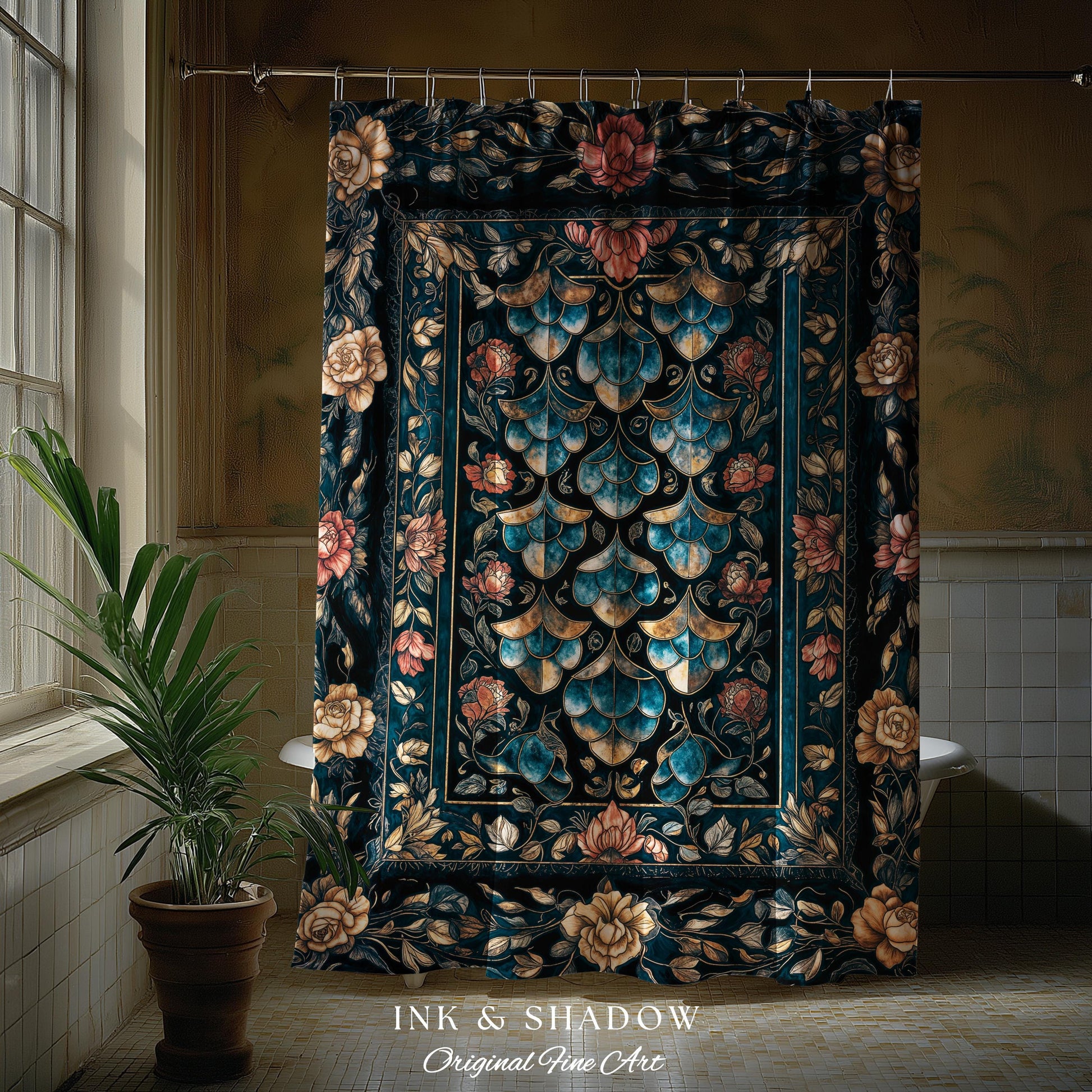 Mystical Dark Dragon Scale Shower Curtain | Goth Baroque Elegance Navy Blue Dark Academia Aesthetic Fairytale Ornate Bathroom Accent Floral