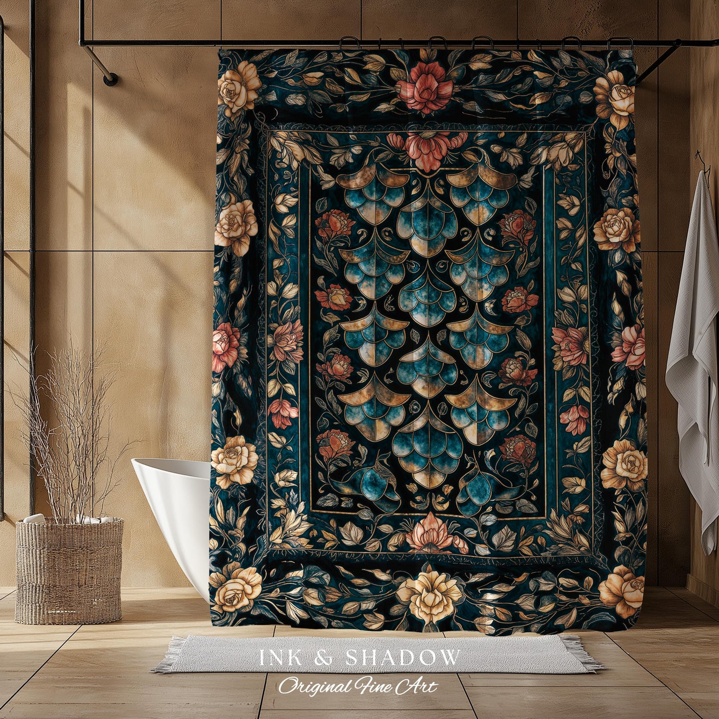 Mystical Dark Dragon Scale Shower Curtain | Goth Baroque Elegance Navy Blue Dark Academia Aesthetic Fairytale Ornate Bathroom Accent Floral