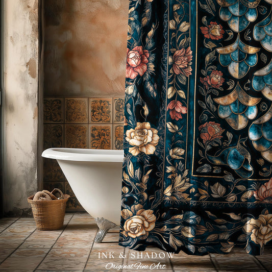 Mystical Dark Dragon Scale Shower Curtain | Goth Baroque Elegance Navy Blue Dark Academia Aesthetic Fairytale Ornate Bathroom Accent Floral