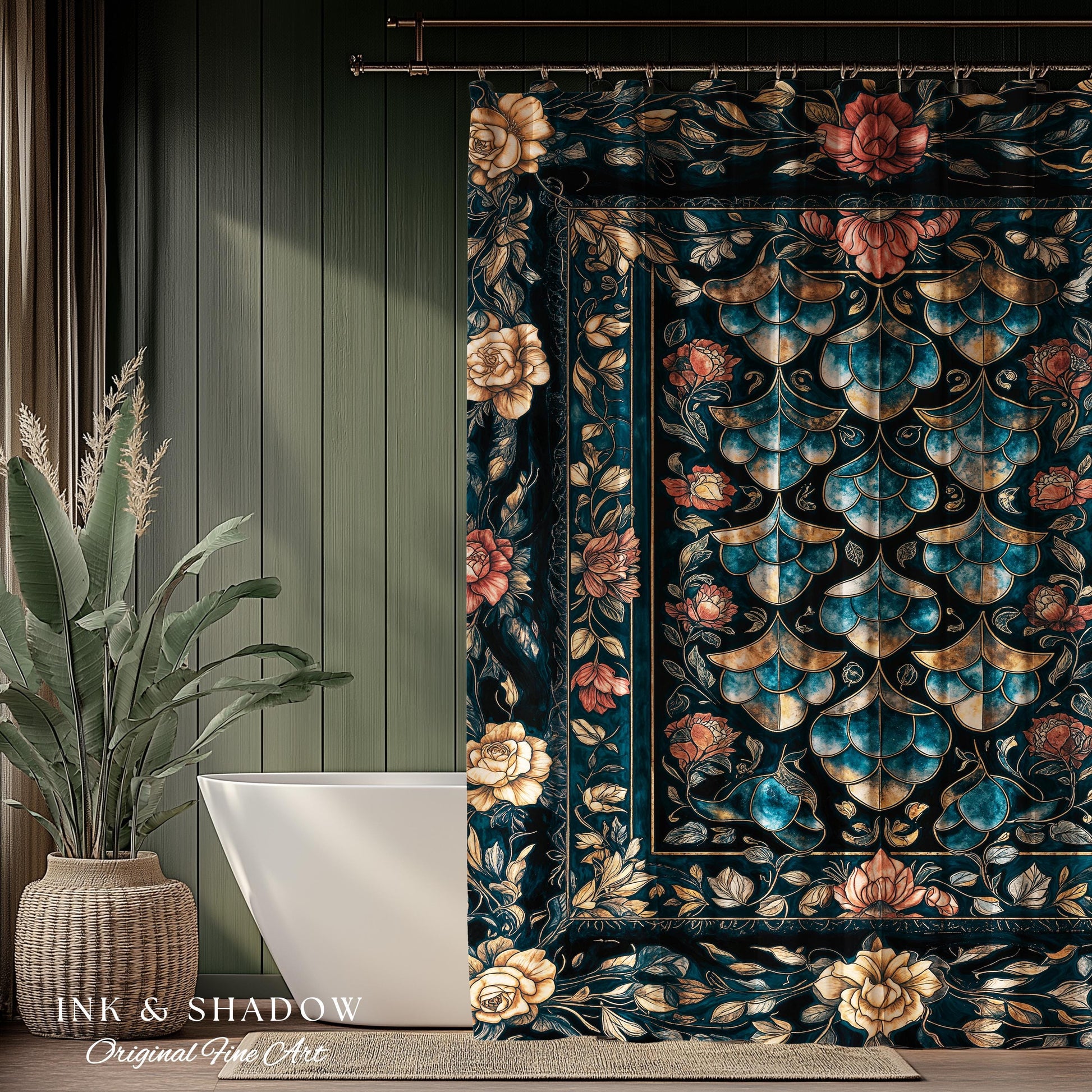 Mystical Dark Dragon Scale Shower Curtain | Goth Baroque Elegance Navy Blue Dark Academia Aesthetic Fairytale Ornate Bathroom Accent Floral