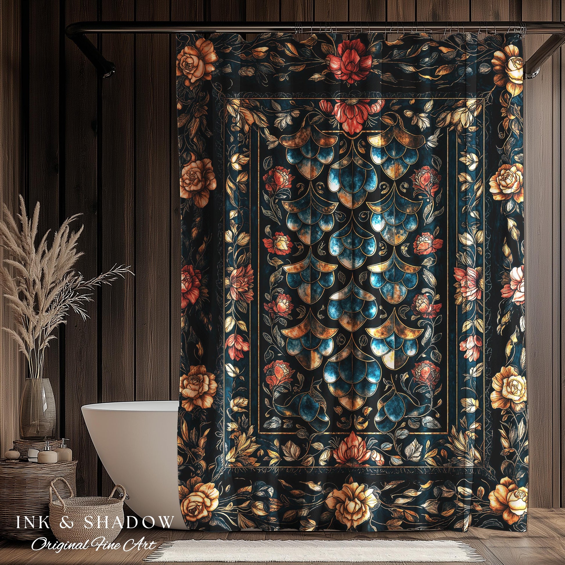 Mystical Dark Dragon Scale Shower Curtain | Goth Baroque Elegance Navy Blue Dark Academia Aesthetic Fairytale Ornate Bathroom Accent Floral