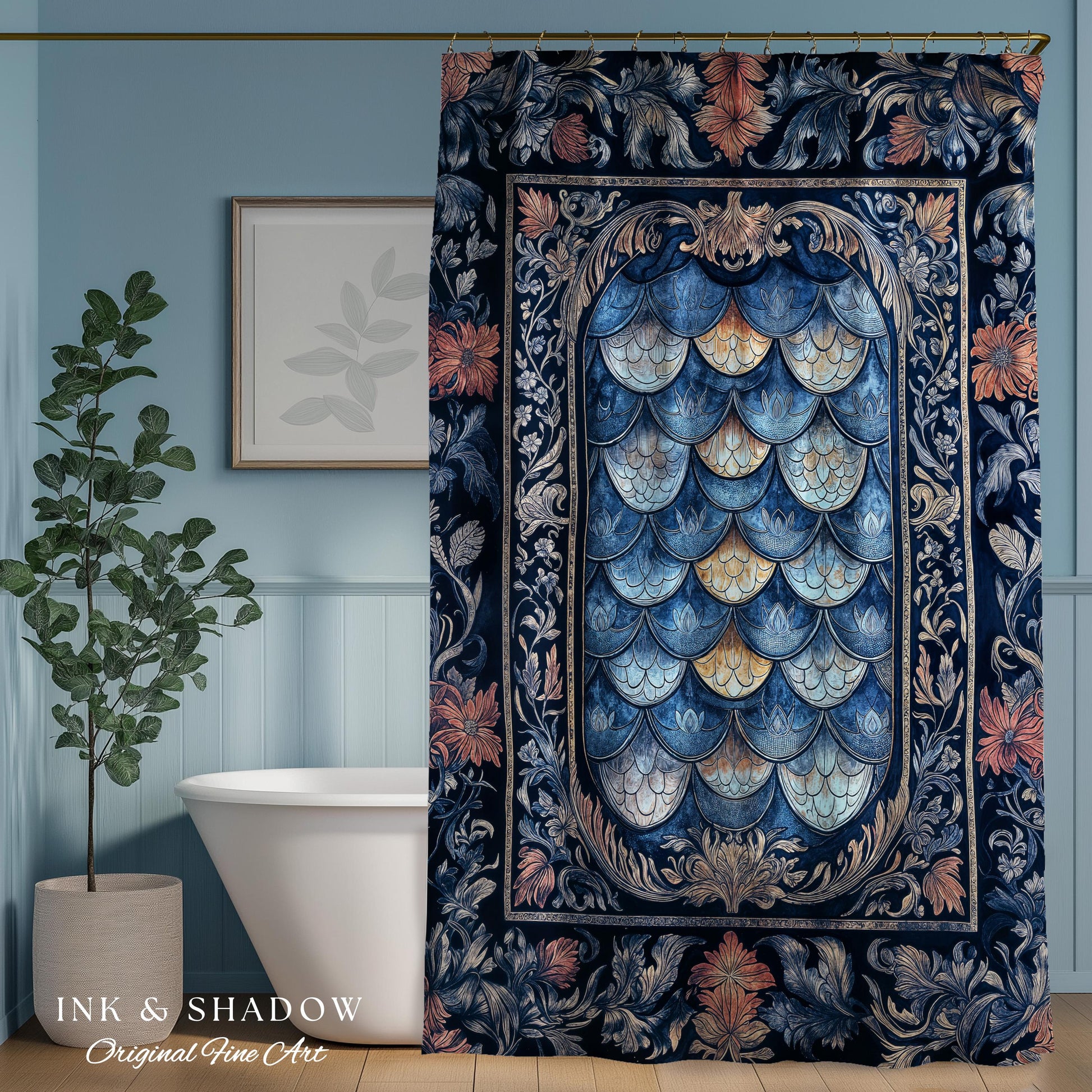 Rustic Medieval Dragon Shower Curtain | Mystic Fairytale Aesthetic Royal Dark Academia Bathroom Moody Botanical Elegance Fairycore Style |