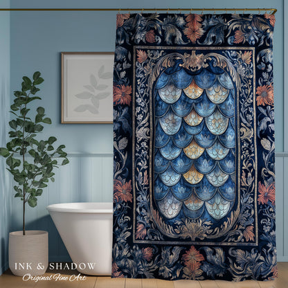 Rustic Medieval Dragon Shower Curtain | Mystic Fairytale Aesthetic Royal Dark Academia Bathroom Moody Botanical Elegance Fairycore Style |