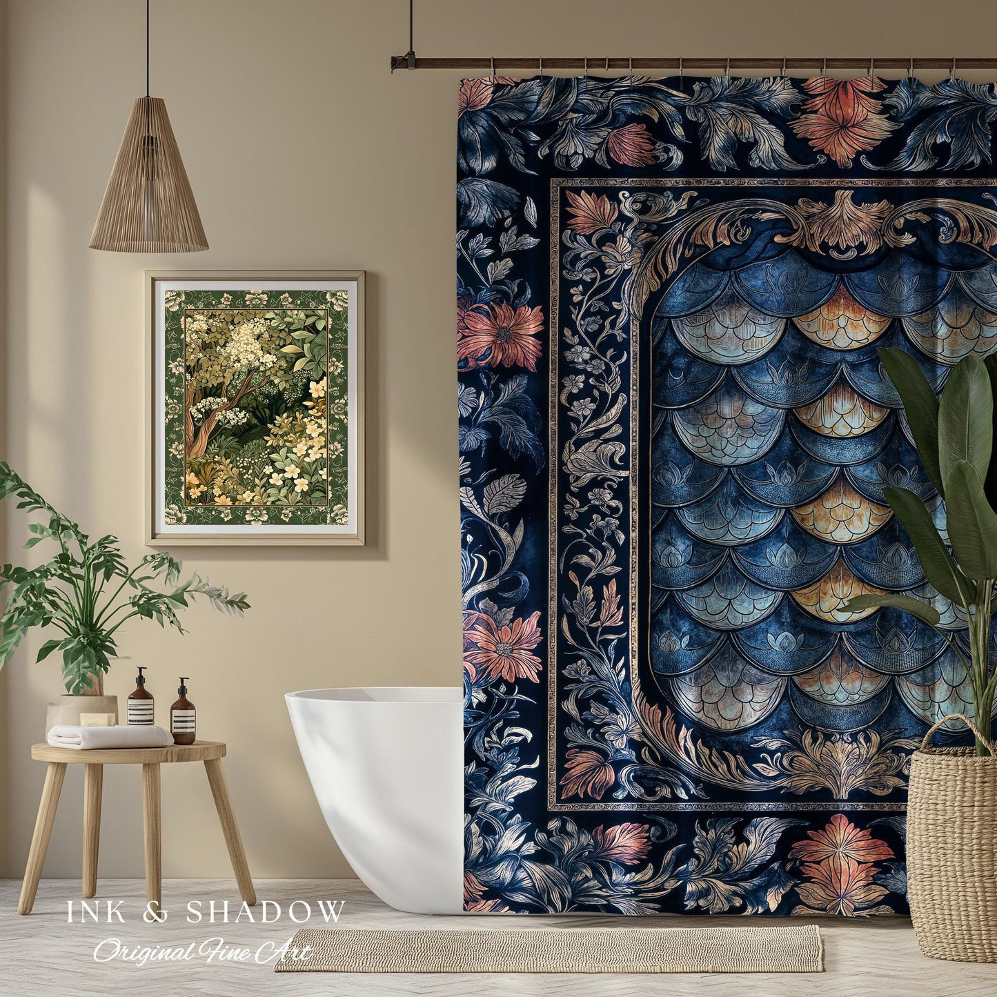 Rustic Medieval Dragon Shower Curtain | Mystic Fairytale Aesthetic Royal Dark Academia Bathroom Moody Botanical Elegance Fairycore Style |