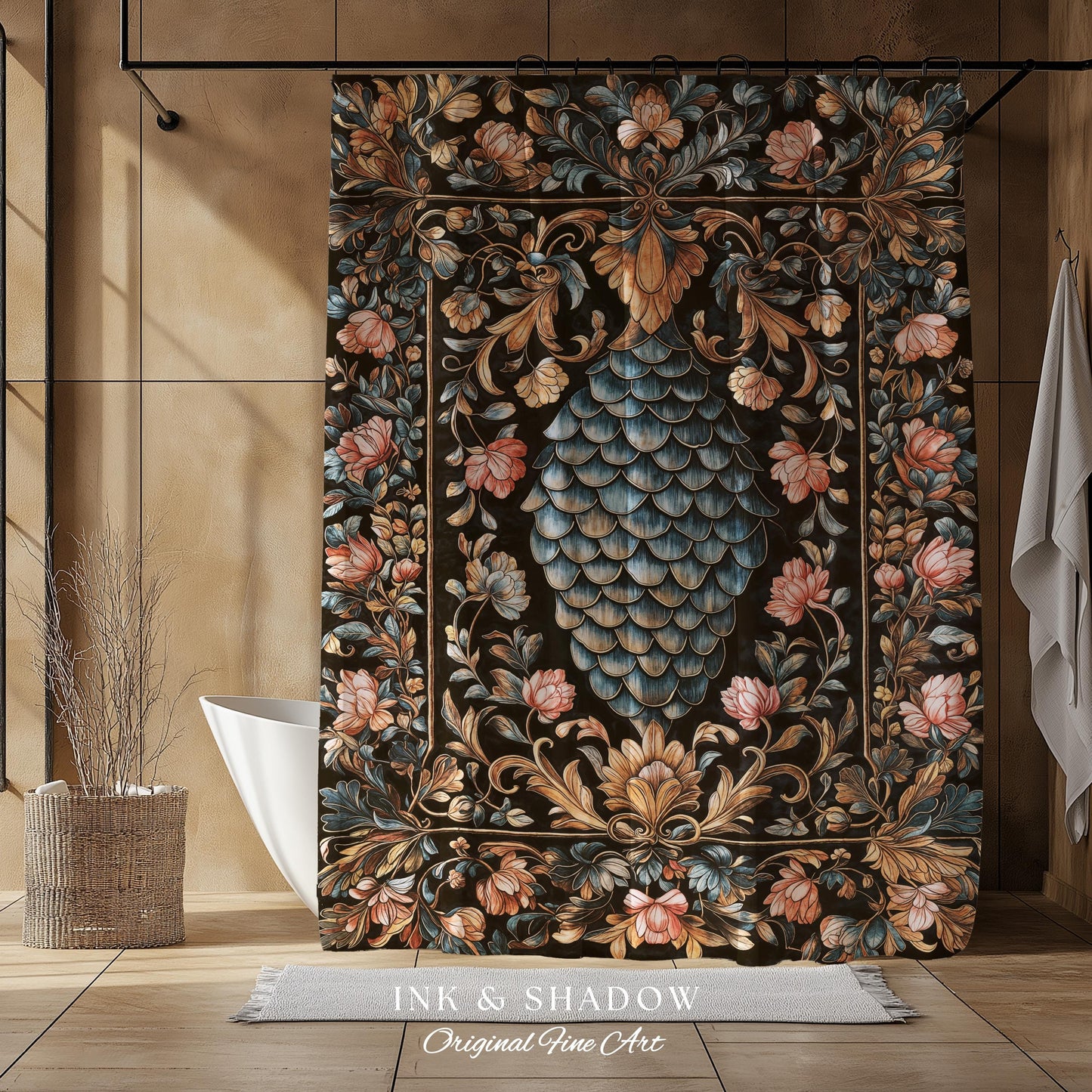 Book Nook Elegant Dragon Scale Shower Curtain | Whimsical Ornate Victorian Pastel Bathroom Dark Academia Moody Botanical Coquette Aesthetic