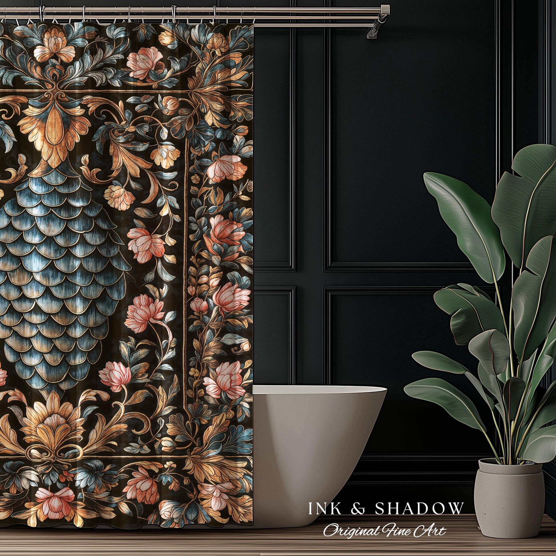 Book Nook Elegant Dragon Scale Shower Curtain | Whimsical Ornate Victorian Pastel Bathroom Dark Academia Moody Botanical Coquette Aesthetic
