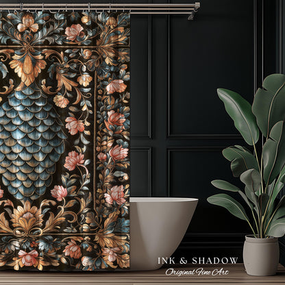 Book Nook Elegant Dragon Scale Shower Curtain | Whimsical Ornate Victorian Pastel Bathroom Dark Academia Moody Botanical Coquette Aesthetic