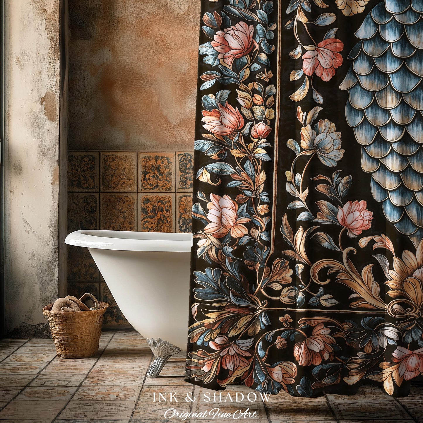 Book Nook Elegant Dragon Scale Shower Curtain | Whimsical Ornate Victorian Pastel Bathroom Dark Academia Moody Botanical Coquette Aesthetic