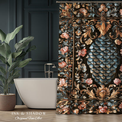 Book Nook Elegant Dragon Scale Shower Curtain | Whimsical Ornate Victorian Pastel Bathroom Dark Academia Moody Botanical Coquette Aesthetic