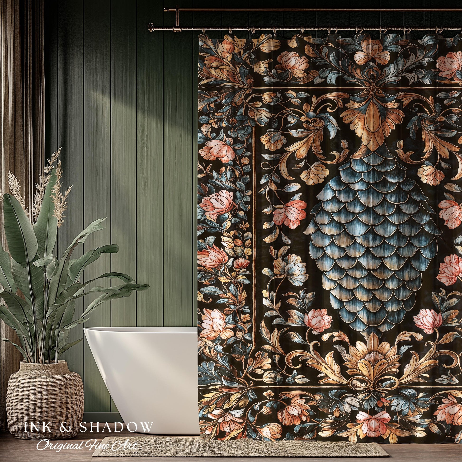 Book Nook Elegant Dragon Scale Shower Curtain | Whimsical Ornate Victorian Pastel Bathroom Dark Academia Moody Botanical Coquette Aesthetic