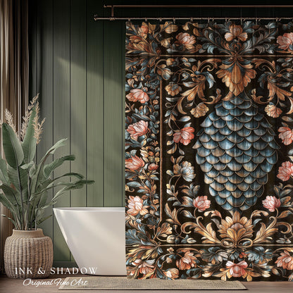 Book Nook Elegant Dragon Scale Shower Curtain | Whimsical Ornate Victorian Pastel Bathroom Dark Academia Moody Botanical Coquette Aesthetic