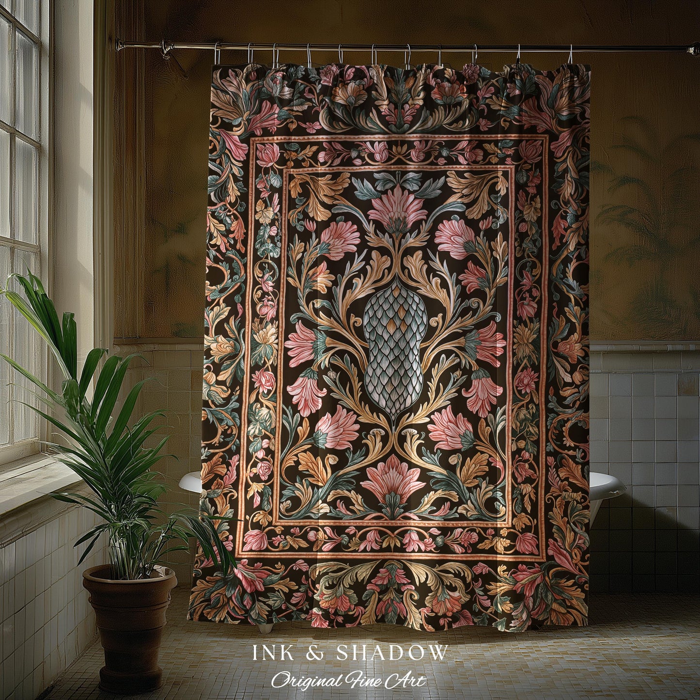 Princess Pink Ornate Shower Curtain | Storybook Elegance Pastel Whimsical Bathroom Accent Dragon Scale Fantasy Coquette Princesscore Design