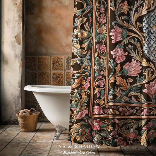 Princess Pink Ornate Shower Curtain | Storybook Elegance Pastel Whimsical Bathroom Accent Dragon Scale Fantasy Coquette Princesscore Design