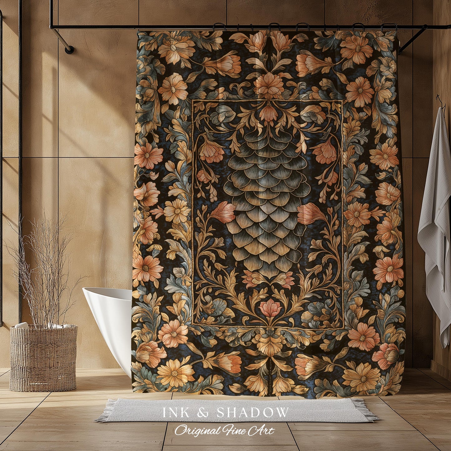 Peachy Florals Soft Aesthetic Shower Curtain | Pastel Fairycore Bathroom Princesscore Dragon Scales Decorative Cottagegoth Book Nook Style