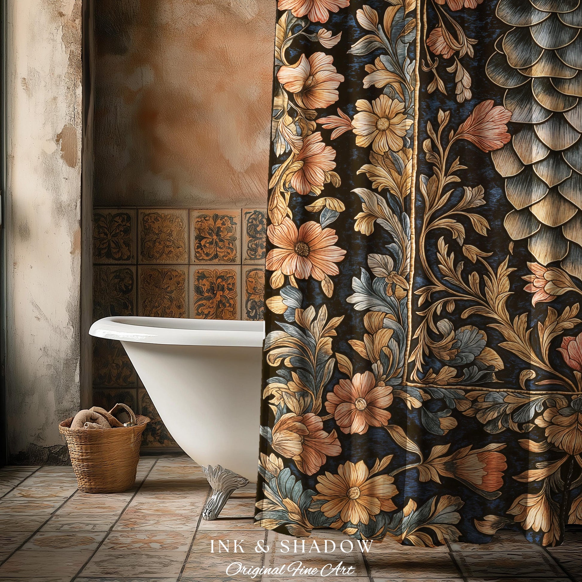 Peachy Florals Soft Aesthetic Shower Curtain | Pastel Fairycore Bathroom Princesscore Dragon Scales Decorative Cottagegoth Book Nook Style