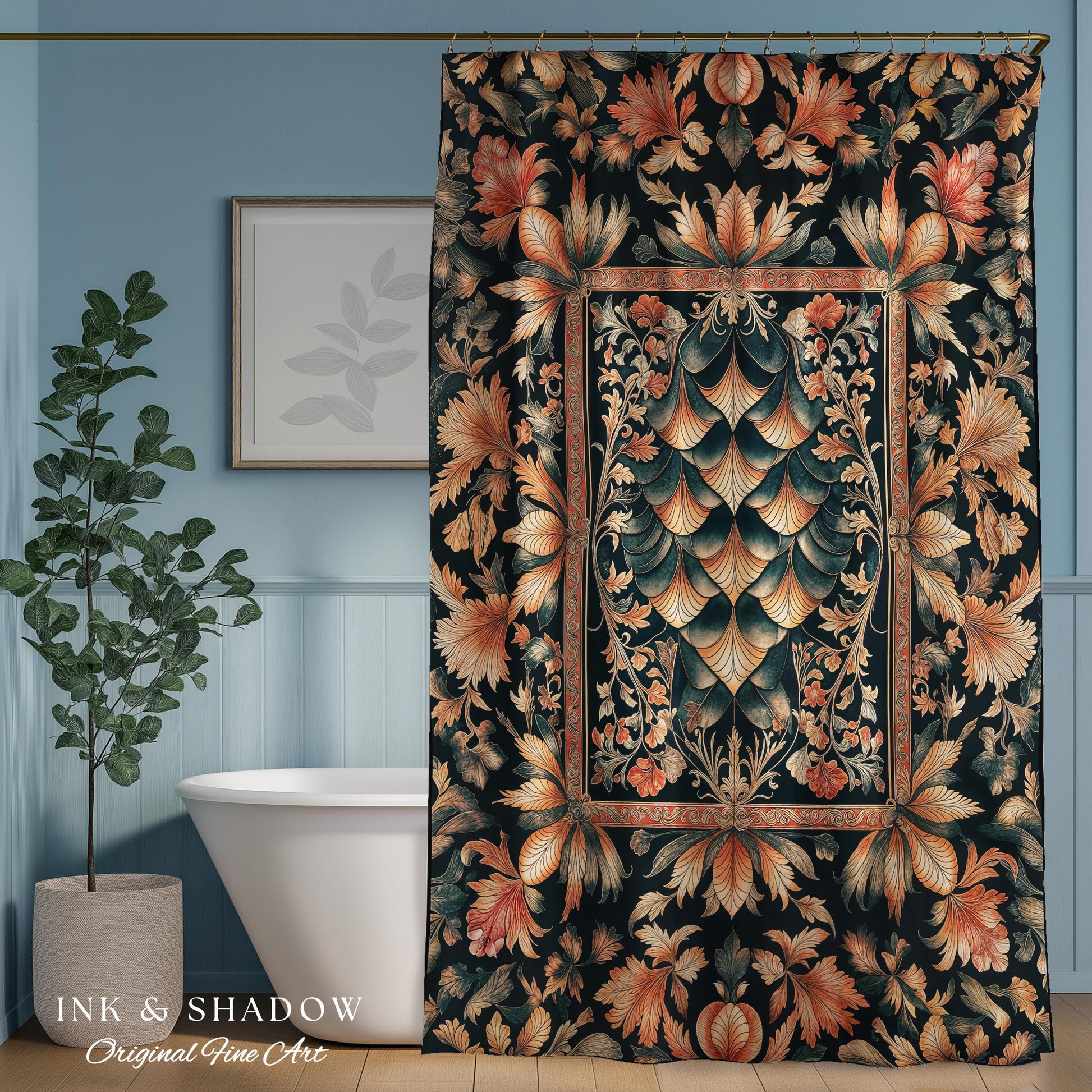 Royal Elegance Rococo Shower Curtain | Medieval Magic Ethereal Pastel Storybook Bathroom Decor Victorian Dragon Scales Decorative Eclectic |