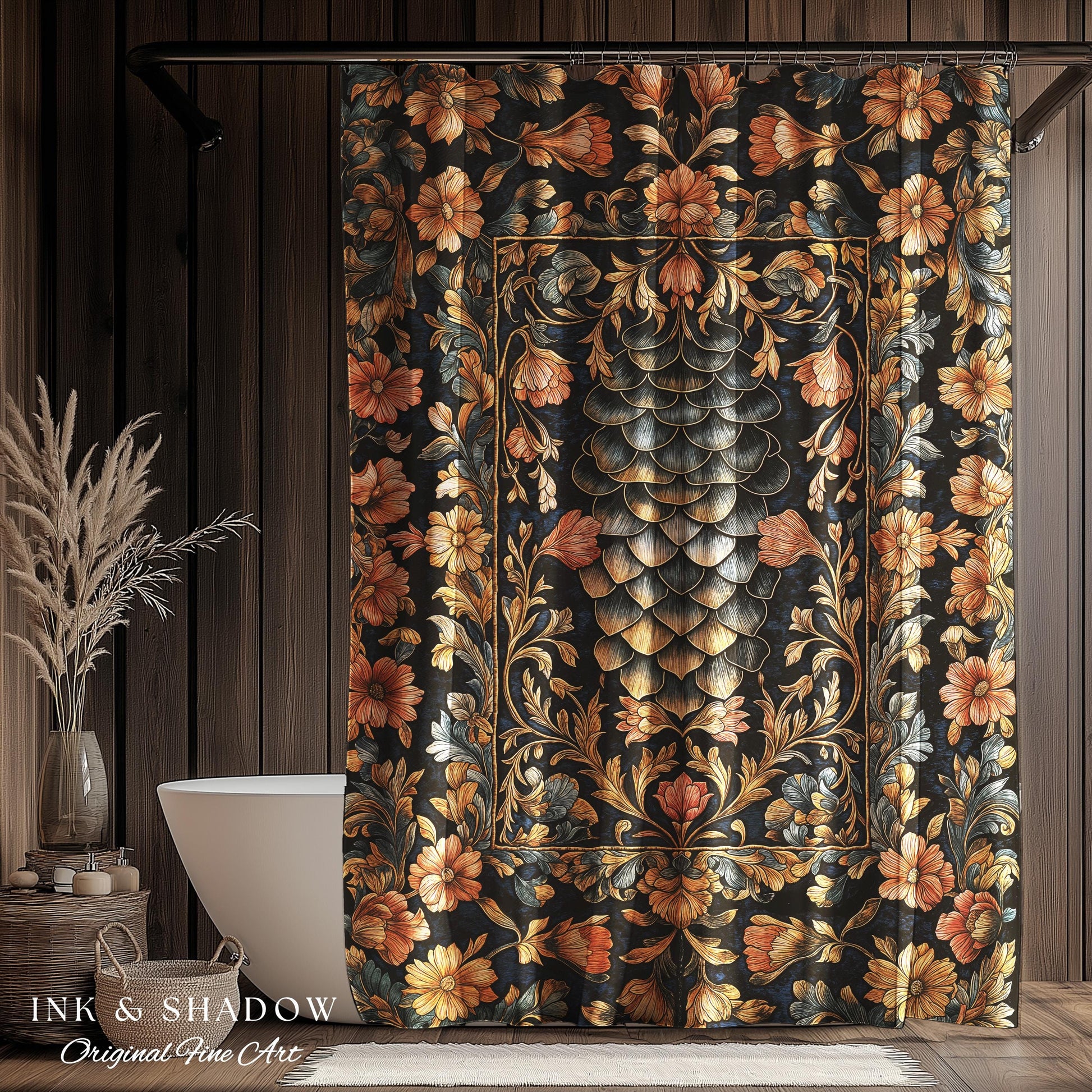 Peachy Florals Soft Aesthetic Shower Curtain | Pastel Fairycore Bathroom Princesscore Dragon Scales Decorative Cottagegoth Book Nook Style