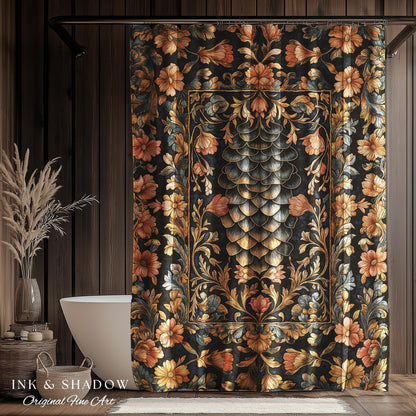 Peachy Florals Soft Aesthetic Shower Curtain | Pastel Fairycore Bathroom Princesscore Dragon Scales Decorative Cottagegoth Book Nook Style