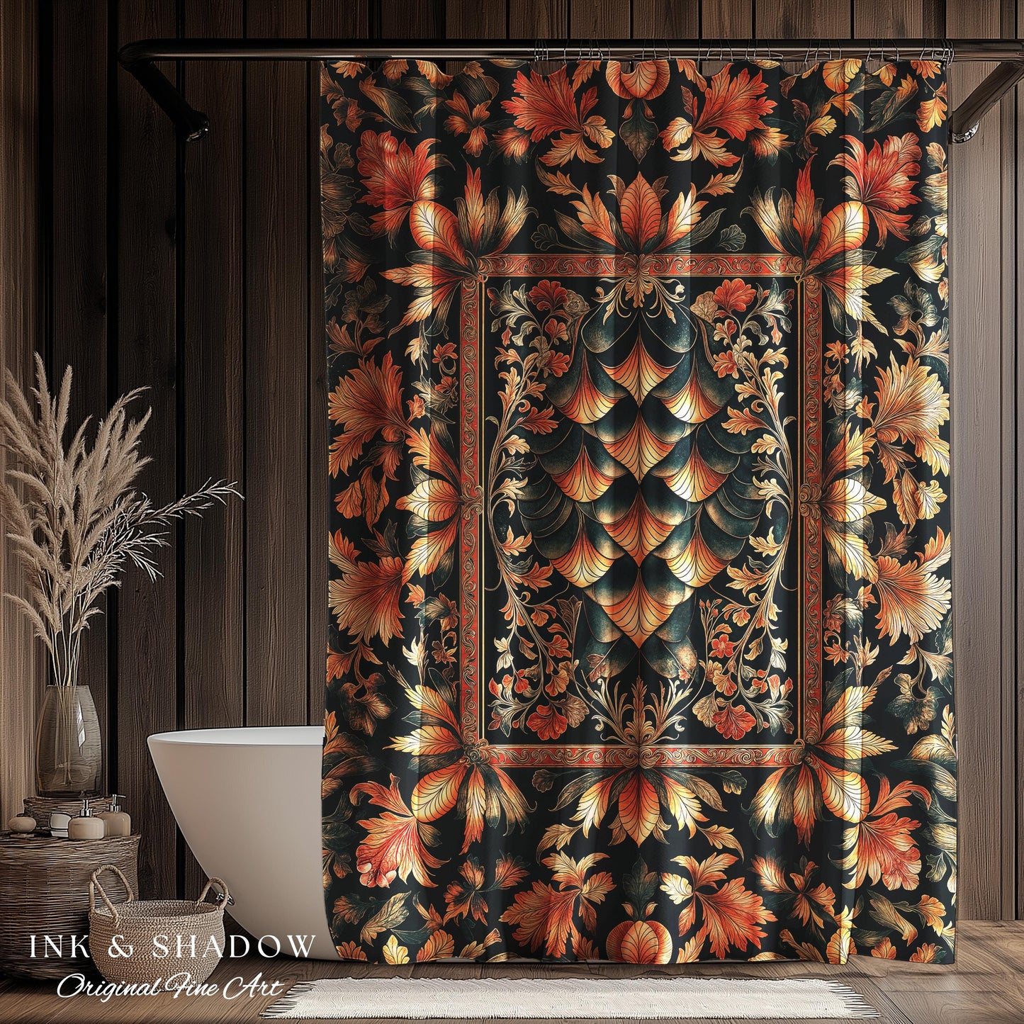 Royal Elegance Rococo Shower Curtain | Medieval Magic Ethereal Pastel Storybook Bathroom Decor Victorian Dragon Scales Decorative Eclectic |